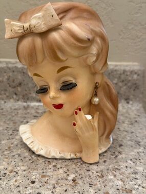 Vintage Ceramic Lady Head Vase - Blonde with Red Lips & Pearl Earring